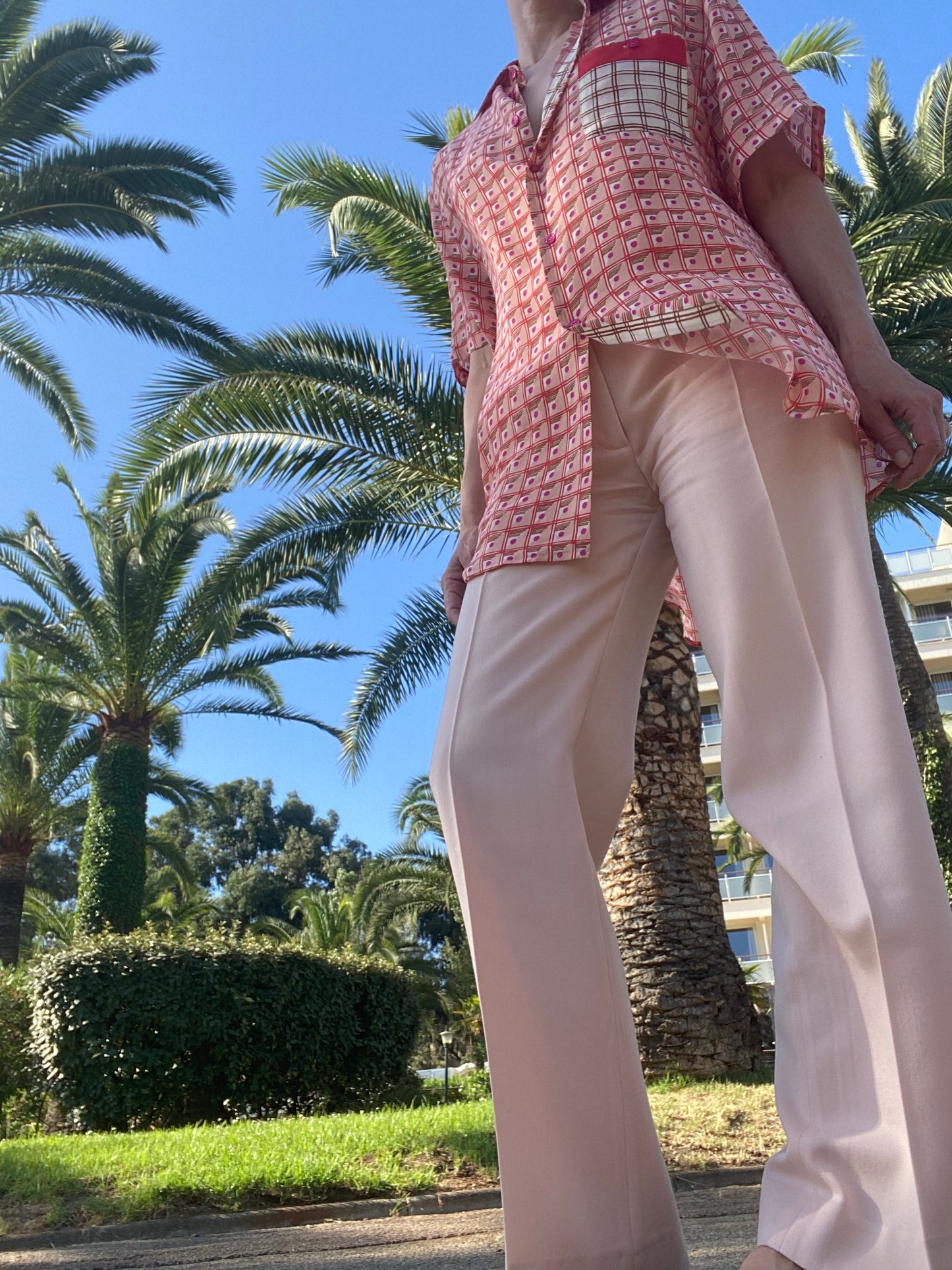 Oversized short-sleeved silk shirt Coral