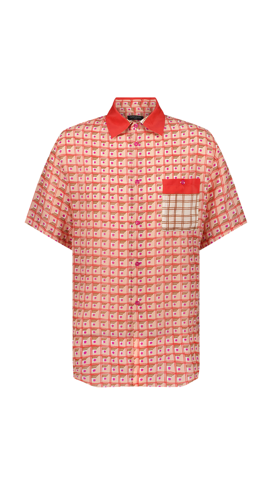 Oversized short-sleeved silk shirt Coral