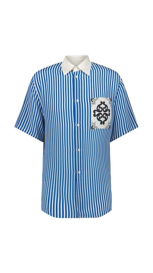 Oversized short-sleeved silk shirt Nautical Stripes